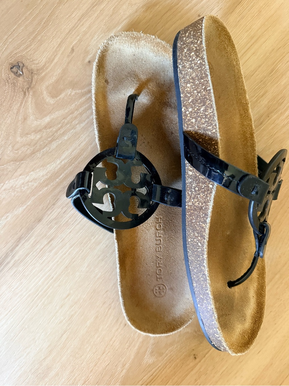 Tory Burch Black Patent Cork Footbed Thong Sandals